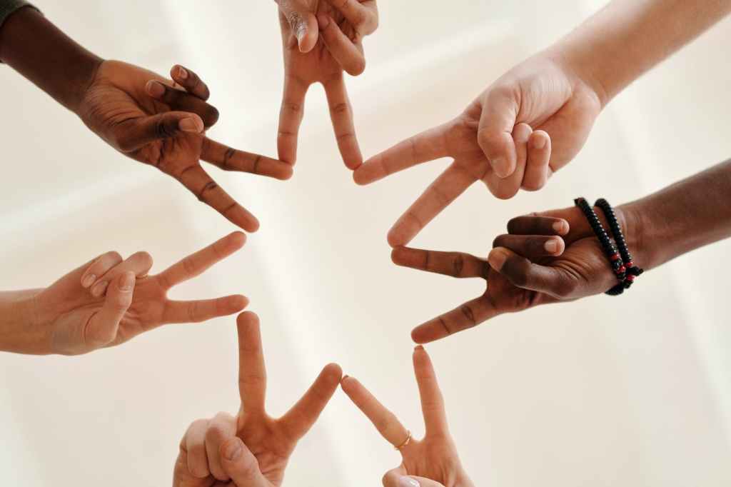 Seven people, who are off camera, stand in a circle. We see their hands meet in a circle. Each person's fingers are making the peace sign. Their hands meet in the middle, fingertip to fingertip, So that the V-shape of their fingers creating a seven-pointed star.