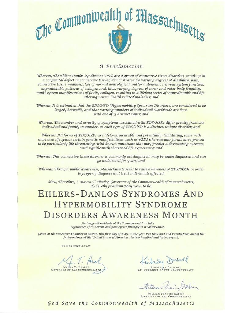 Image of the proclamation of Ehlers-Danlos Syndromes and Hypermobility Syndrome Disorders Awareness month in Massachusetts, signed by governor Maura Healy 